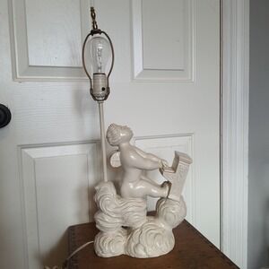 Vintage Cherub Lamp Chalkware Figurine Playing Piano On Cloud  - Signed Chapman